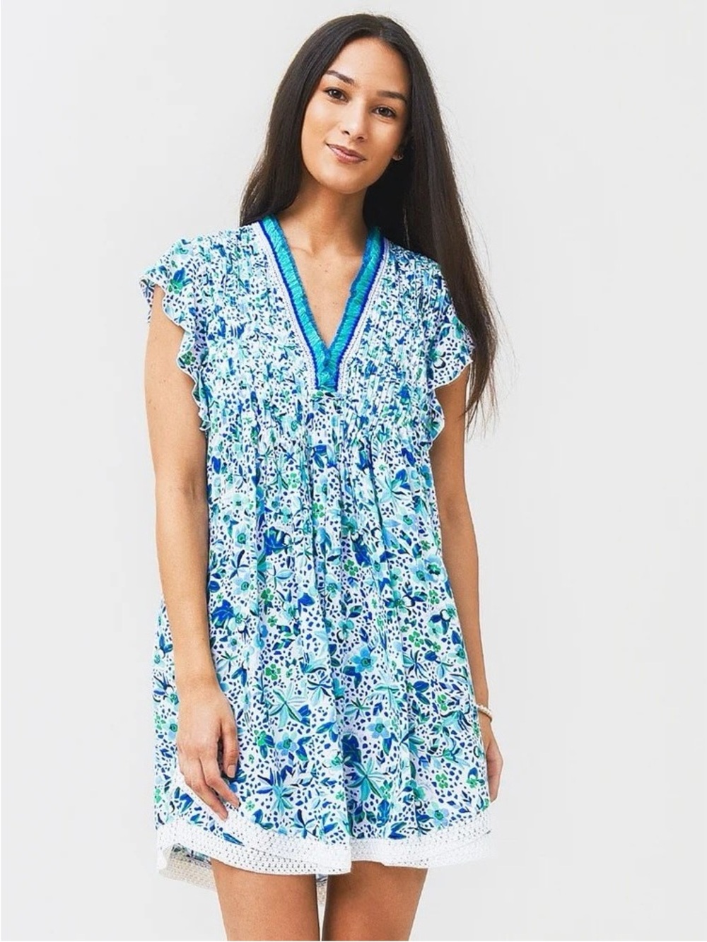 Poupette St. Barth Sasha Mini Dress Floral Crochet-Hem Fringe Collar | S